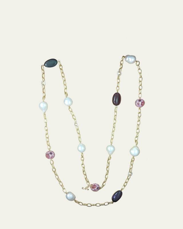 18K White Gold 7 South Sea Pearl Link Necklace with Amethyst, Blue Topaz and Purple Cookies, 50"L